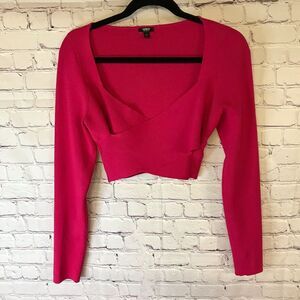Express Berry Pink Body Contour Crisscross Ribbed Long Sleeve Knit Crop Top Sz L